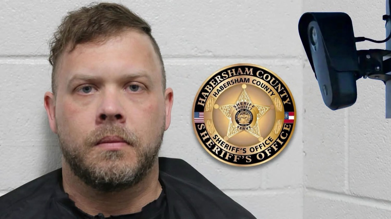 Christian Brewer beside a Habersham County Sheriff’s Office badge and a Flock license plate reader camera
