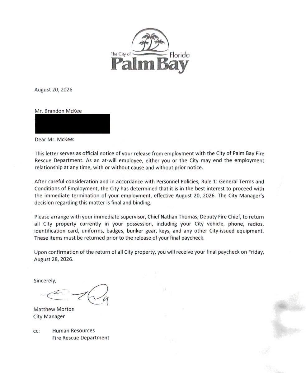 City of Palm Bay termination letter issued to Brandon McKee on August 20, 2026