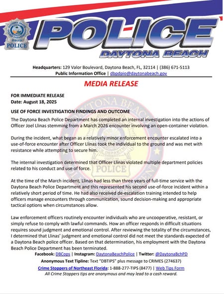 Daytona Beach Police Department release announcing Joel Llinas termination