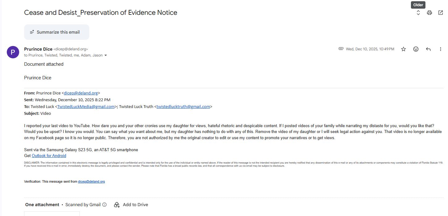 December 10, 2025 email from DeLand Police Captain Prurince Dice sent from his official city email account