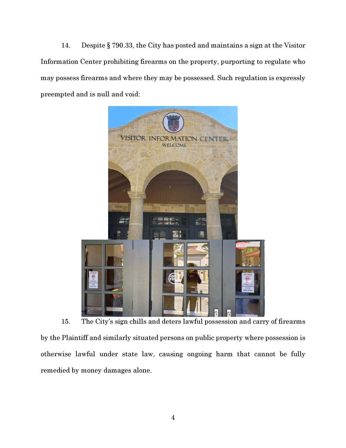 Court filing page showing the St. Augustine Visitor Information Center and weapons prohibition signs
