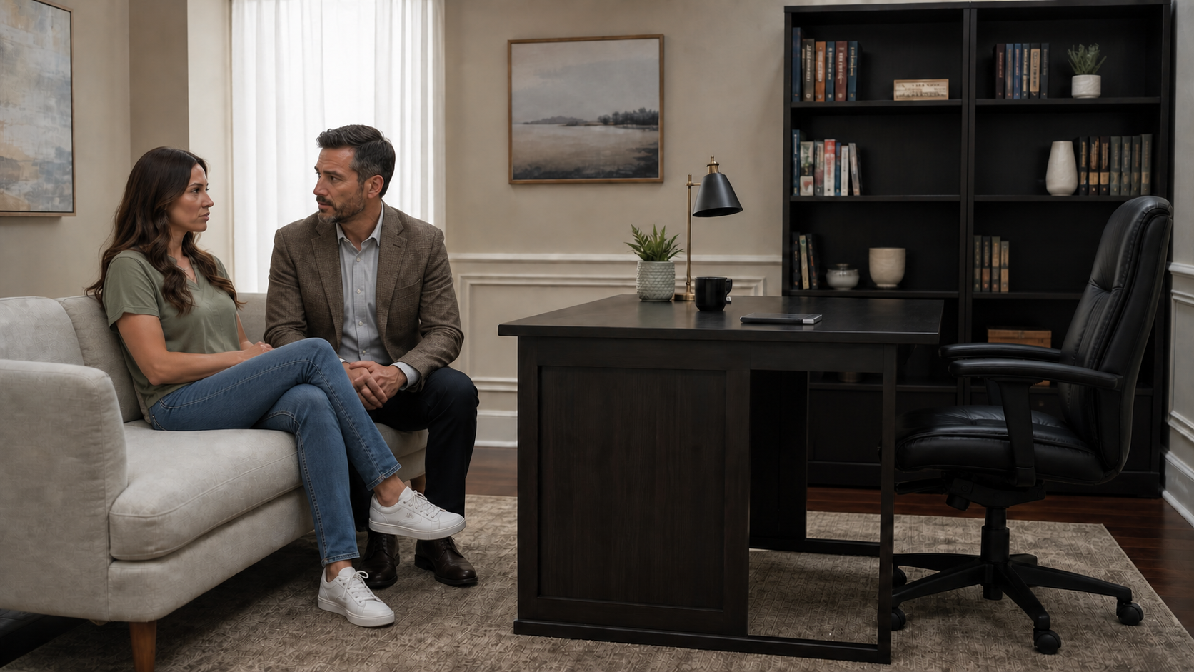 Fictional illustration of a man and woman seated during a counseling session