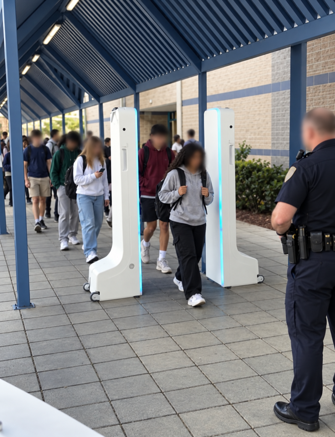 Editorial illustration of students passing through school entrance metal detectors with a police officer present; all faces are blurred